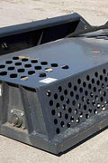 Front view of 84″ skid steer rock screener with hydraulic drum
Power root rake in action on construction site
Close-up of replaceable teeth on drum
Rear view showing universal skid steer mount
Heavy-duty rock rake screener with orange and black finish