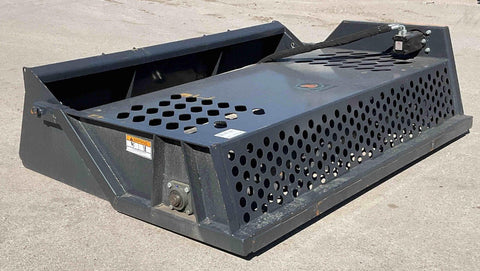 Front view of 84″ skid steer rock screener with hydraulic drum
Power root rake in action on construction site
Close-up of replaceable teeth on drum
Rear view showing universal skid steer mount
Heavy-duty rock rake screener with orange and black finish