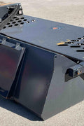Front view of 84″ skid steer rock screener with hydraulic drum
Power root rake in action on construction site
Close-up of replaceable teeth on drum
Rear view showing universal skid steer mount
Heavy-duty rock rake screener with orange and black finish