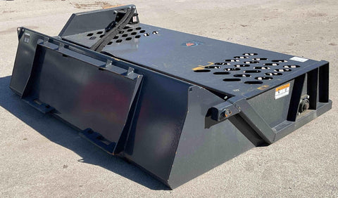 Front view of 84″ skid steer rock screener with hydraulic drum
Power root rake in action on construction site
Close-up of replaceable teeth on drum
Rear view showing universal skid steer mount
Heavy-duty rock rake screener with orange and black finish