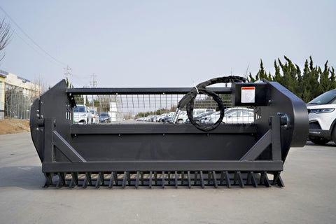Skid steer rock screening bucket with 3.5-inch tine spacing
Bucket in use on a construction site
Top view of screening grid and rock separation
Side profile of mounted picker bucket
Black and gray job site rock screening attachment