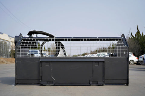 Skid steer rock screening bucket with 3.5-inch tine spacing
Bucket in use on a construction site
Top view of screening grid and rock separation
Side profile of mounted picker bucket
Black and gray job site rock screening attachment