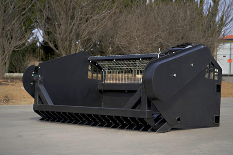 Skid steer rock screening bucket with 3.5-inch tine spacing
Bucket in use on a construction site
Top view of screening grid and rock separation
Side profile of mounted picker bucket
Black and gray job site rock screening attachment