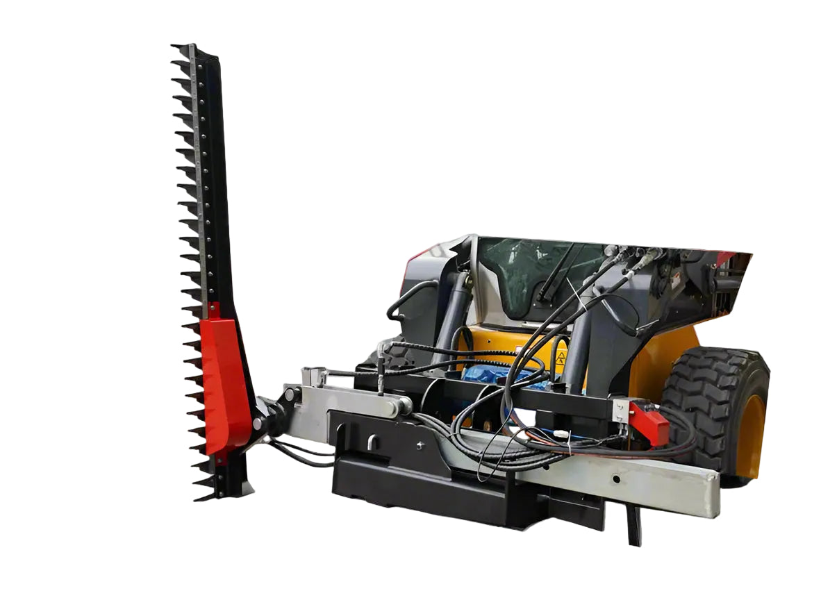 Skid Steer with Red Hydraulic Sickle Bar Hedge Trimmer (Model SHC1680)

Attachment View: Close-up of sickle blade trimming mechanism

Side Profile: Brush cutter attached to loader, angled for hedge cutting
