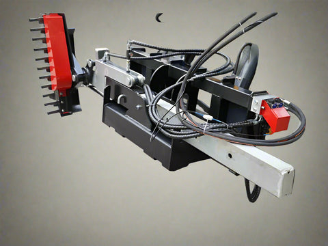 Skid Steer with Red Hydraulic Sickle Bar Hedge Trimmer (Model SHC1680)

Attachment View: Close-up of sickle blade trimming mechanism

Side Profile: Brush cutter attached to loader, angled for hedge cutting