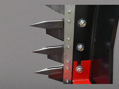 Skid Steer with Red Hydraulic Sickle Bar Hedge Trimmer (Model SHC1680)

Attachment View: Close-up of sickle blade trimming mechanism

Side Profile: Brush cutter attached to loader, angled for hedge cutting
