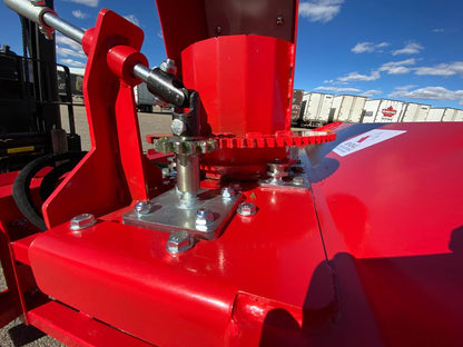 Extreme-duty red snow blower attachment for skid steer – front view

Hydraulic chute adjustment system on 84" snow blower model

72" skid steer snow blower attachment mounted for municipal use

Skid steer operator using snow blower in snowy mountain terrain

Rear hydraulic connection and chute control close-up on snow blower