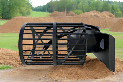 Hydraulic soil screening drum mounted on a skid steer
Rotating drum soil screener for landscaping
Rock screener attachment for clean topsoil
Close-up view of screening drum cage
Heavy-duty soil separation drum in action