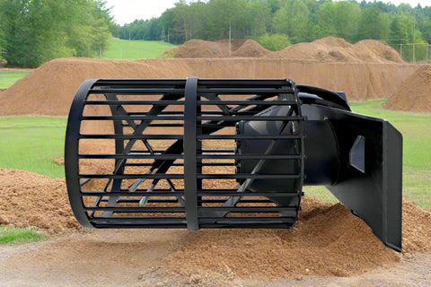 Hydraulic soil screening drum mounted on a skid steer
Rotating drum soil screener for landscaping
Rock screener attachment for clean topsoil
Close-up view of screening drum cage
Heavy-duty soil separation drum in action