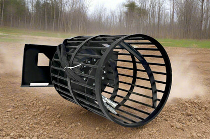 Hydraulic soil screening drum mounted on a skid steer
Rotating drum soil screener for landscaping
Rock screener attachment for clean topsoil
Close-up view of screening drum cage
Heavy-duty soil separation drum in action