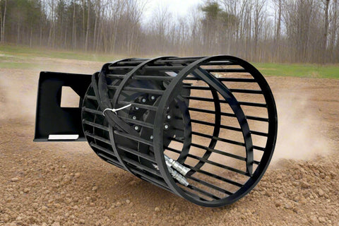 Hydraulic soil screening drum mounted on a skid steer
Rotating drum soil screener for landscaping
Rock screener attachment for clean topsoil
Close-up view of screening drum cage
Heavy-duty soil separation drum in action