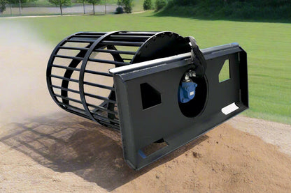 Hydraulic soil screening drum mounted on a skid steer
Rotating drum soil screener for landscaping
Rock screener attachment for clean topsoil
Close-up view of screening drum cage
Heavy-duty soil separation drum in action