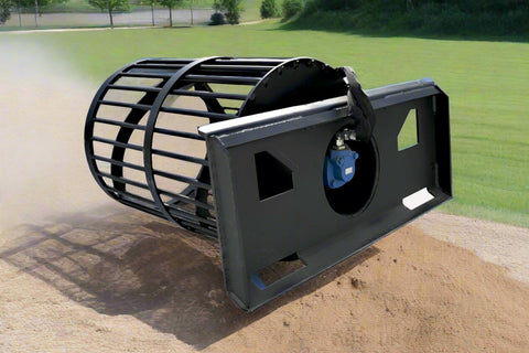 Hydraulic soil screening drum mounted on a skid steer
Rotating drum soil screener for landscaping
Rock screener attachment for clean topsoil
Close-up view of screening drum cage
Heavy-duty soil separation drum in action