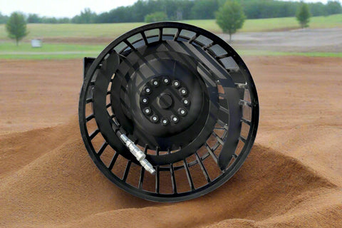 Hydraulic soil screening drum mounted on a skid steer
Rotating drum soil screener for landscaping
Rock screener attachment for clean topsoil
Close-up view of screening drum cage
Heavy-duty soil separation drum in action