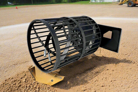 Hydraulic soil screening drum mounted on a skid steer
Rotating drum soil screener for landscaping
Rock screener attachment for clean topsoil
Close-up view of screening drum cage
Heavy-duty soil separation drum in action