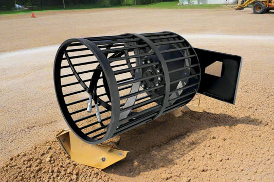 Hydraulic soil screening drum mounted on a skid steer
Rotating drum soil screener for landscaping
Rock screener attachment for clean topsoil
Close-up view of screening drum cage
Heavy-duty soil separation drum in action