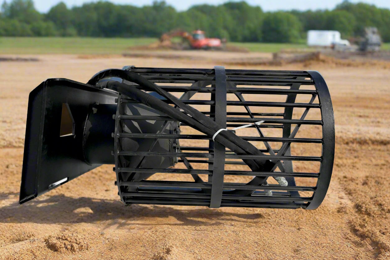 Hydraulic soil screening drum mounted on a skid steer
Rotating drum soil screener for landscaping
Rock screener attachment for clean topsoil
Close-up view of screening drum cage
Heavy-duty soil separation drum in action