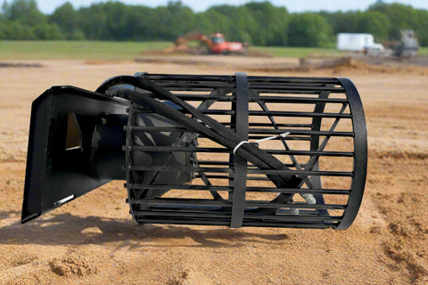 Hydraulic soil screening drum mounted on a skid steer
Rotating drum soil screener for landscaping
Rock screener attachment for clean topsoil
Close-up view of screening drum cage
Heavy-duty soil separation drum in action