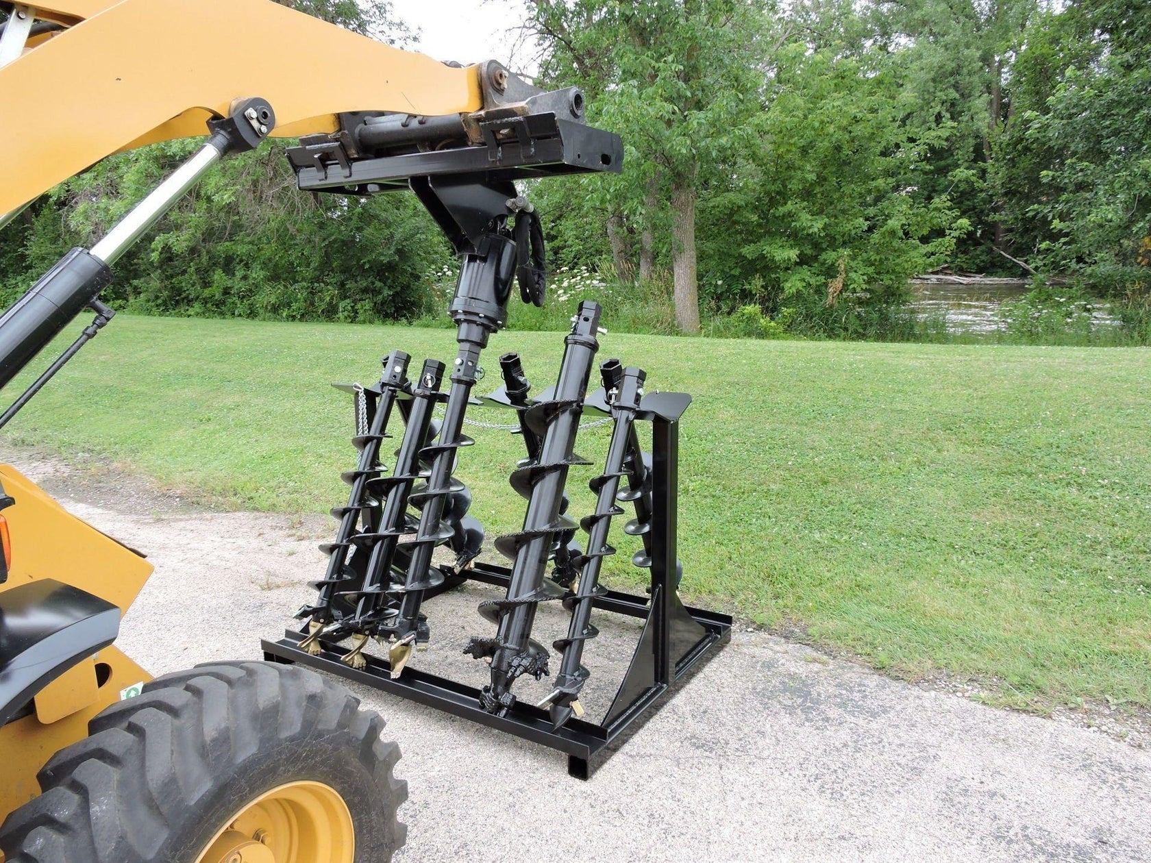 New Skid Steer & Tractor Attachment Storage Rack – 4 Bucket, 8 Bucket & Auger Rack Add - On - with Auger Rack Add - On | Sold by Uncle Wiener's Wholesale
