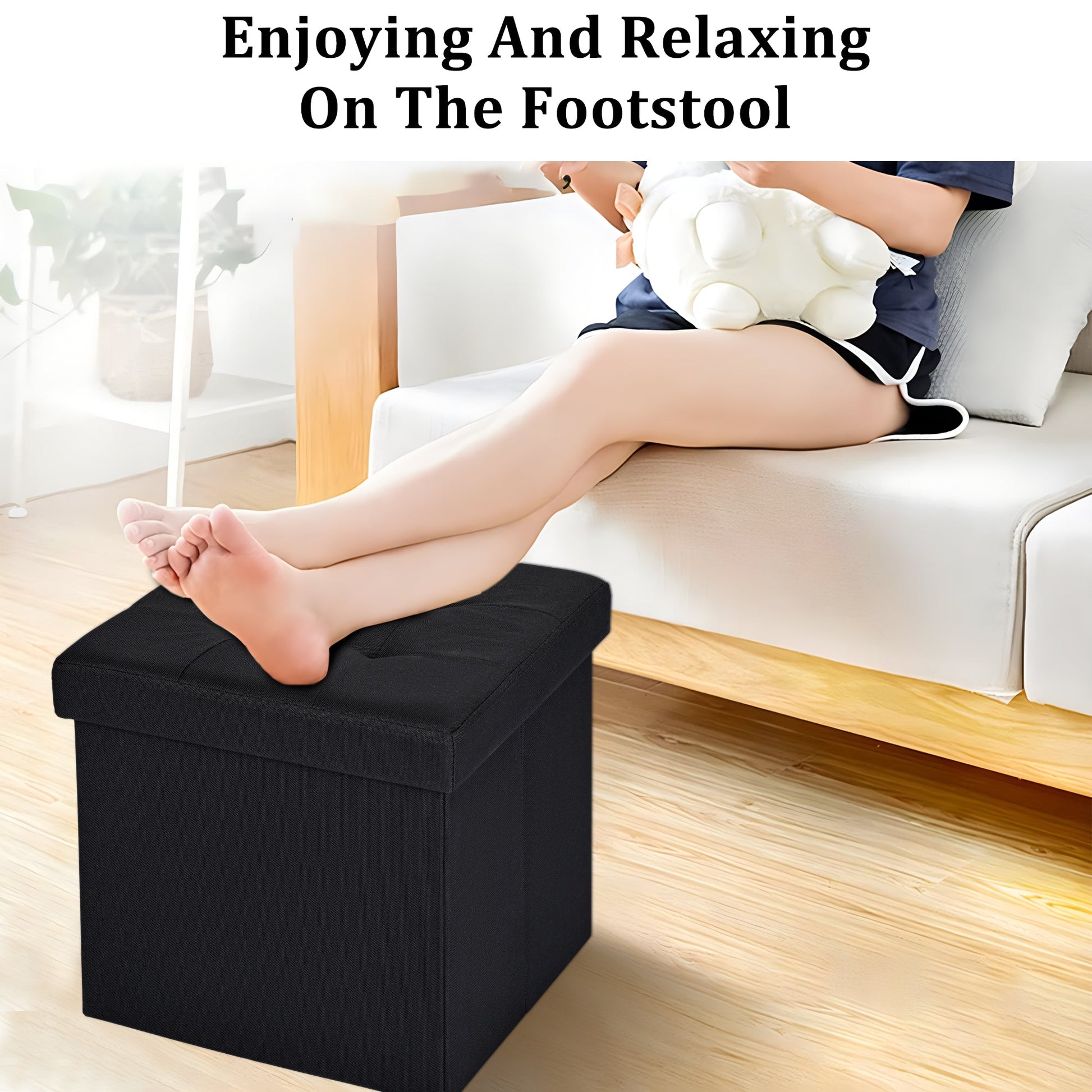 Small black foldable storage ottoman cube with lid
Tufted black ottoman seat with internal hidden storage
Collapsible fabric storage cube for bedrooms and entryways