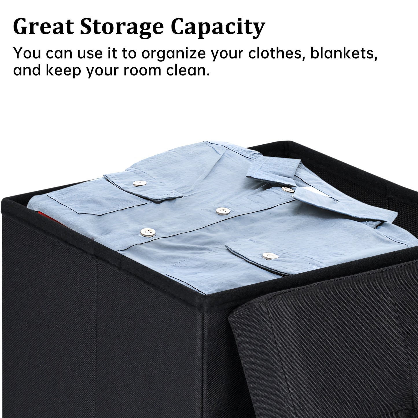 Small black foldable storage ottoman cube with lid
Tufted black ottoman seat with internal hidden storage
Collapsible fabric storage cube for bedrooms and entryways