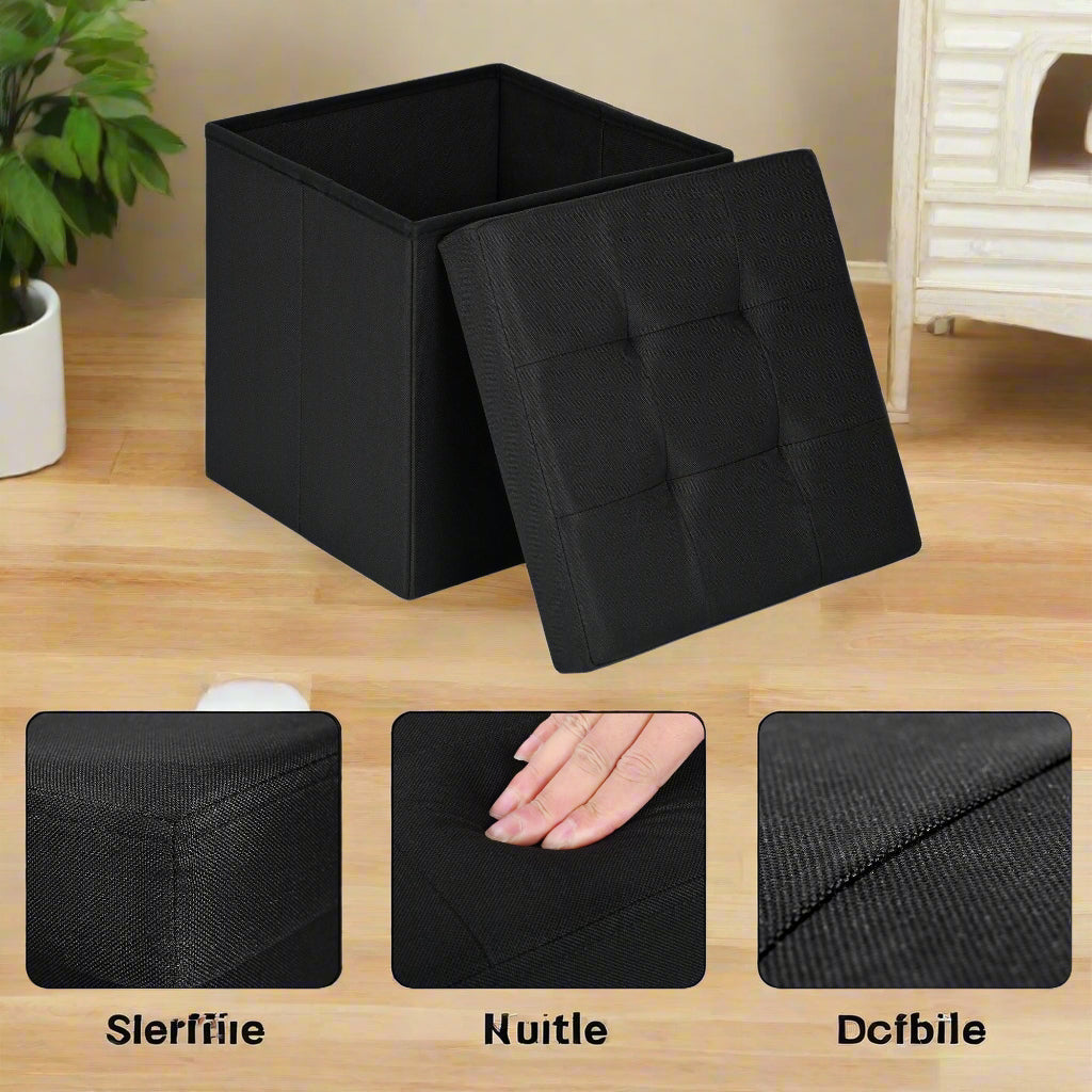 Small black foldable storage ottoman cube with lid
Tufted black ottoman seat with internal hidden storage
Collapsible fabric storage cube for bedrooms and entryways