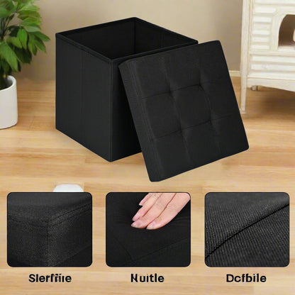 Small black foldable storage ottoman cube with lid
Tufted black ottoman seat with internal hidden storage
Collapsible fabric storage cube for bedrooms and entryways