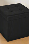Small black foldable storage ottoman cube with lid
Tufted black ottoman seat with internal hidden storage
Collapsible fabric storage cube for bedrooms and entryways