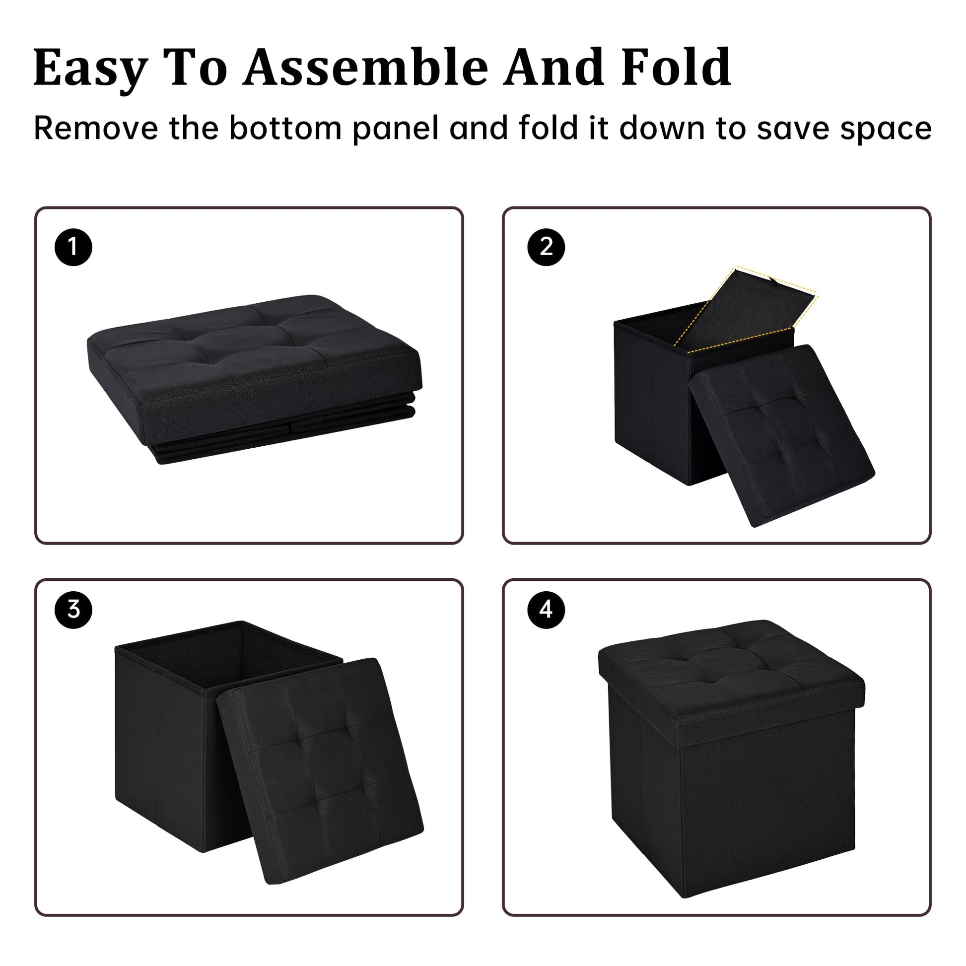 Small black foldable storage ottoman cube with lid
Tufted black ottoman seat with internal hidden storage
Collapsible fabric storage cube for bedrooms and entryways