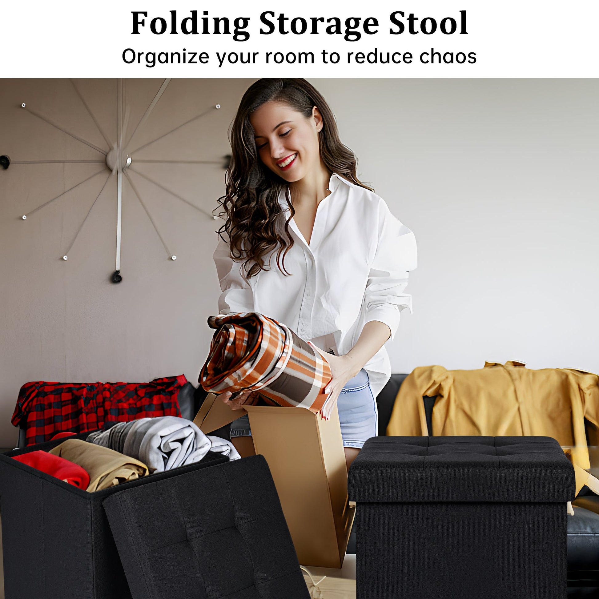 Small black foldable storage ottoman cube with lid
Tufted black ottoman seat with internal hidden storage
Collapsible fabric storage cube for bedrooms and entryways