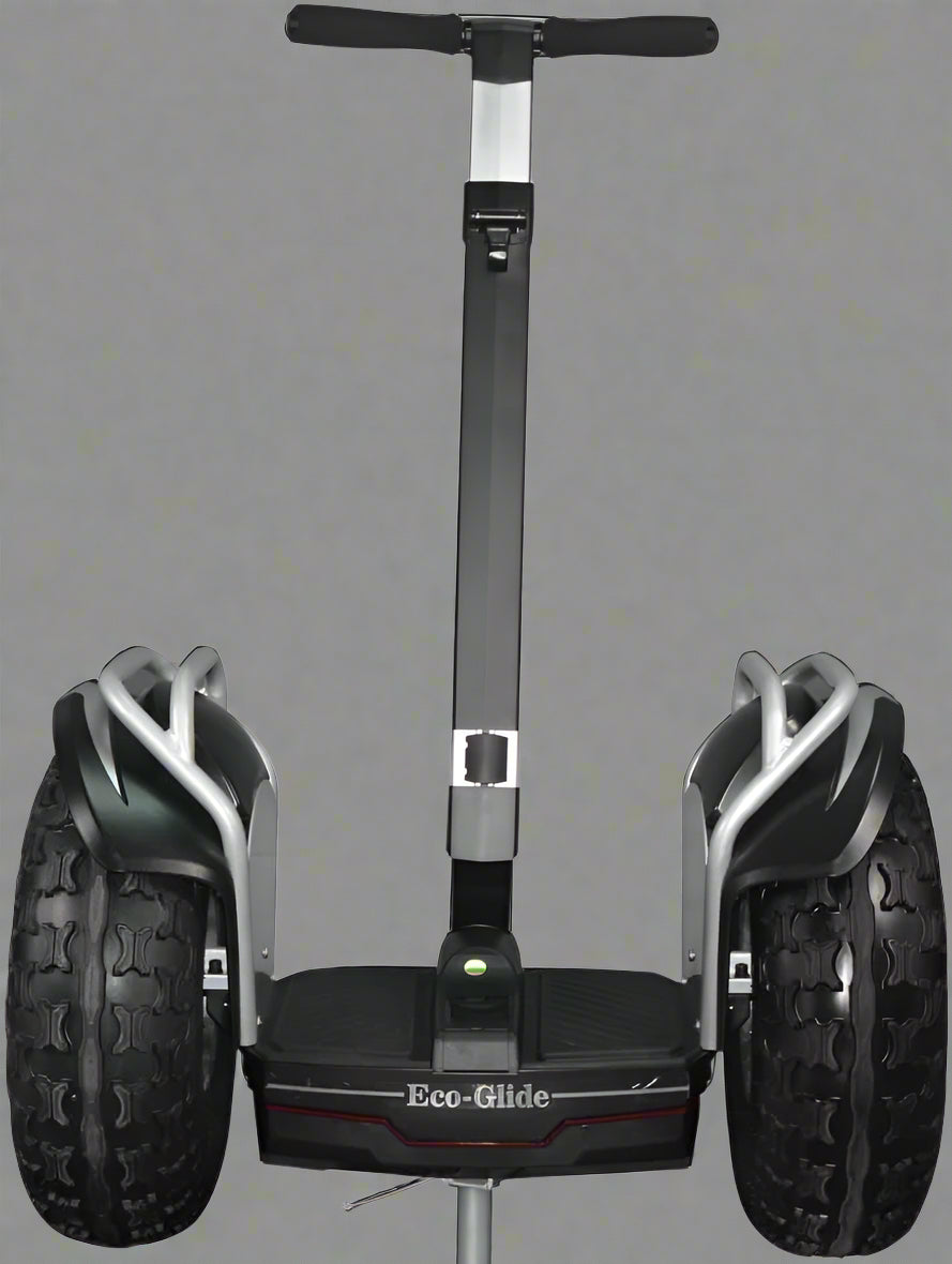 Off-road self-balancing transporter with 19” tires - front view

Side angle of electric Segway-style smart transporter

Smart mobility scooter for outdoor terrain

All-terrain electric transporter with LED headlights and handlebar bag