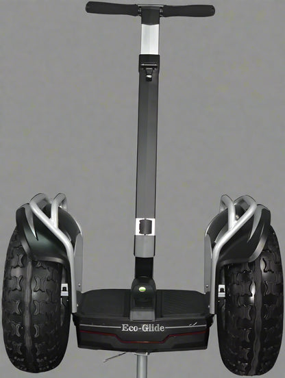 Off-road self-balancing transporter with 19” tires - front view

Side angle of electric Segway-style smart transporter

Smart mobility scooter for outdoor terrain

All-terrain electric transporter with LED headlights and handlebar bag