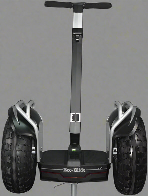 Off-road self-balancing transporter with 19” tires - front view

Side angle of electric Segway-style smart transporter

Smart mobility scooter for outdoor terrain

All-terrain electric transporter with LED headlights and handlebar bag