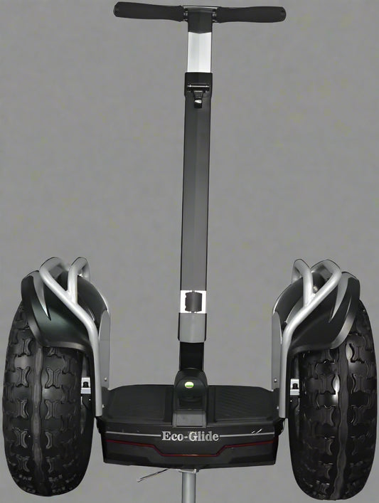 Off-road self-balancing transporter with 19” tires - front view

Side angle of electric Segway-style smart transporter

Smart mobility scooter for outdoor terrain

All-terrain electric transporter with LED headlights and handlebar bag