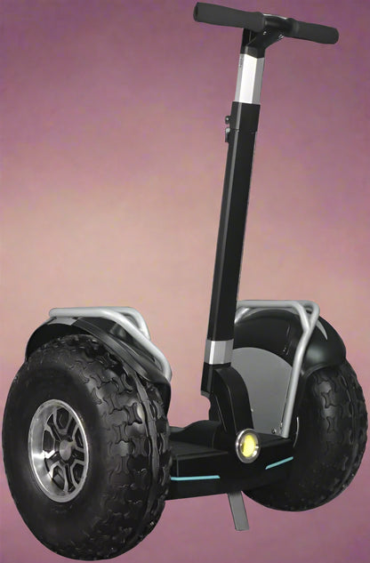 Off-road self-balancing transporter with 19” tires - front view

Side angle of electric Segway-style smart transporter

Smart mobility scooter for outdoor terrain

All-terrain electric transporter with LED headlights and handlebar bag