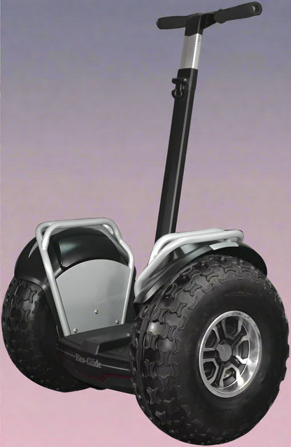 Off-road self-balancing transporter with 19” tires - front view

Side angle of electric Segway-style smart transporter

Smart mobility scooter for outdoor terrain

All-terrain electric transporter with LED headlights and handlebar bag