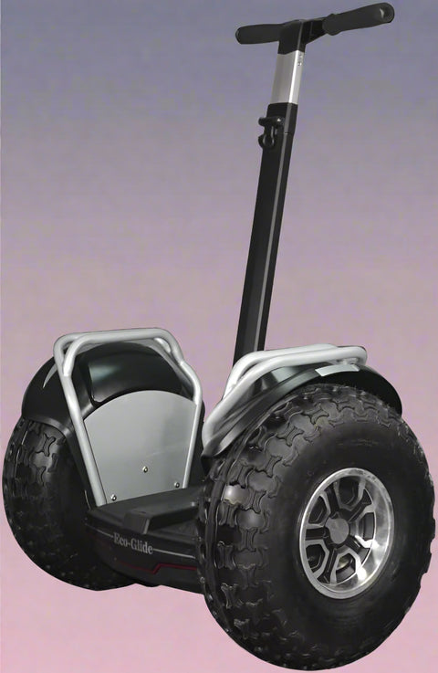 Off-road self-balancing transporter with 19” tires - front view

Side angle of electric Segway-style smart transporter

Smart mobility scooter for outdoor terrain

All-terrain electric transporter with LED headlights and handlebar bag