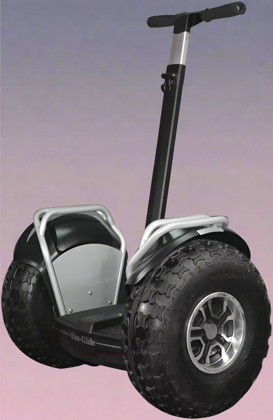Off-road self-balancing transporter with 19” tires - front view

Side angle of electric Segway-style smart transporter

Smart mobility scooter for outdoor terrain

All-terrain electric transporter with LED headlights and handlebar bag