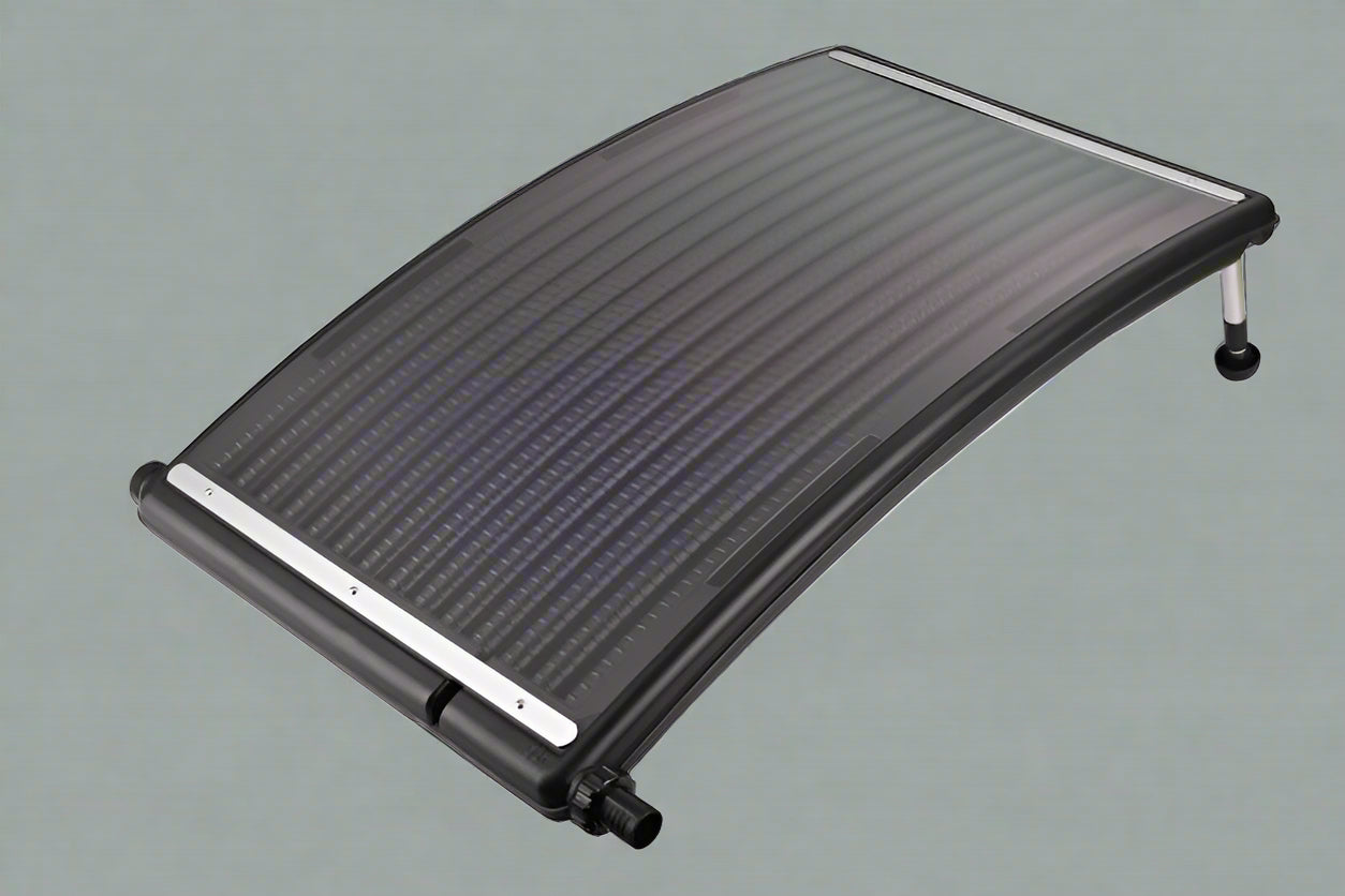 Curved Solar Pool Heater for Above Ground Pools – side view

Solar heater panel with hose attachments and fittings

Top-down view of solar pool heater setup

Intex-compatible solar pool heating system

Solar panel for pool heating with accessories included