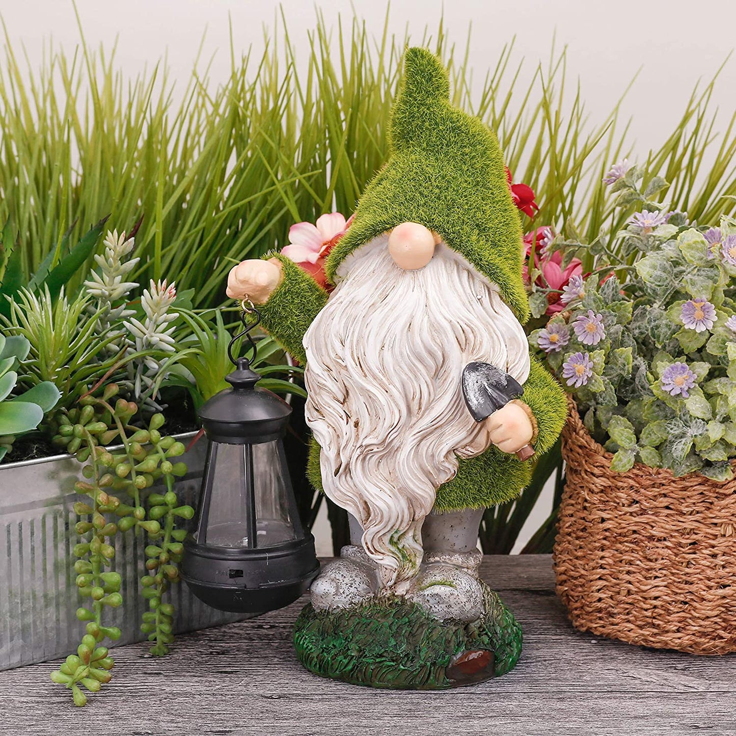 NEW Solar LED Flocked Garden Gnome Statue Outdoor 1117GN – Handcrafted Resin Lawn Decor - with | Sold by Uncle Wiener's Wholesale