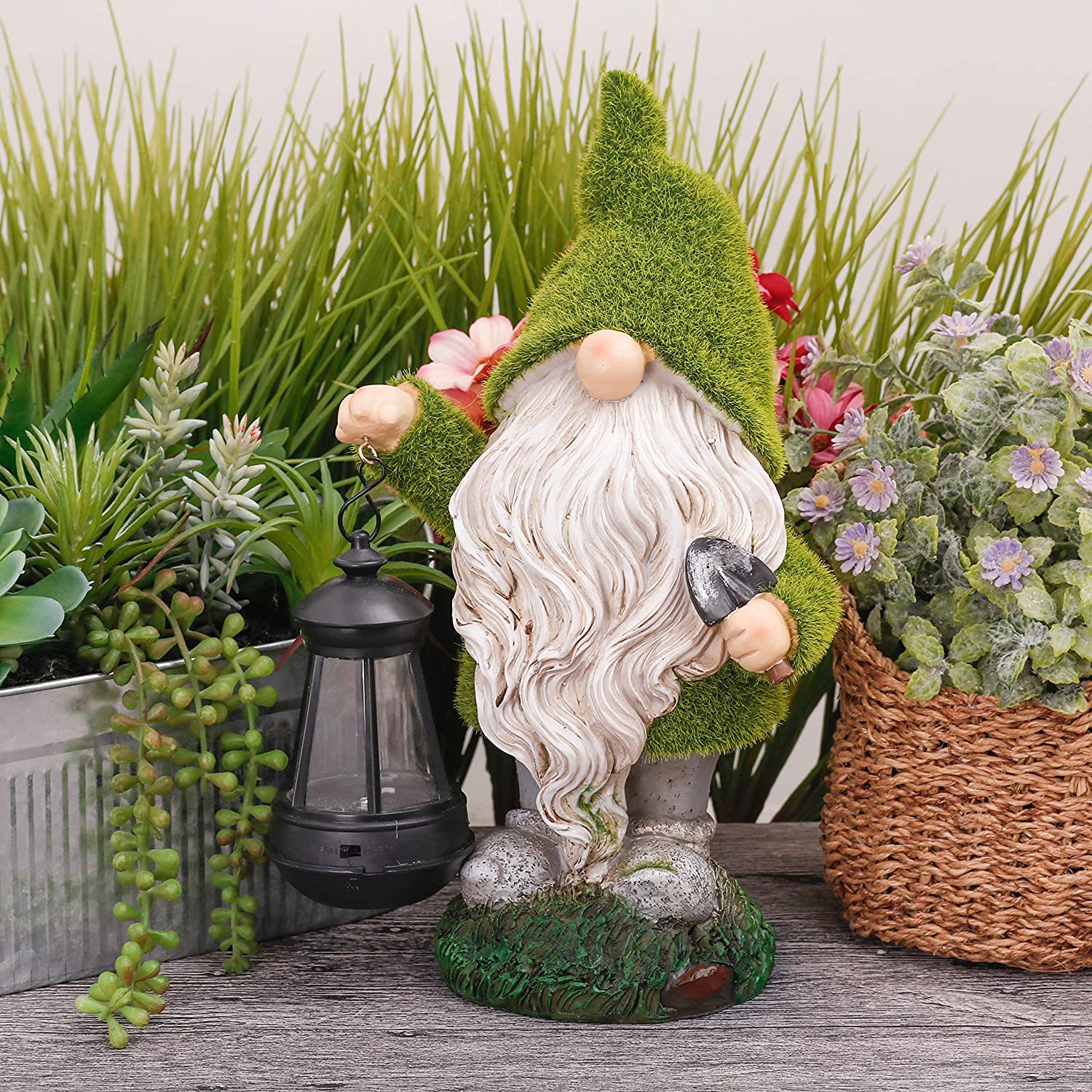 NEW Solar LED Flocked Garden Gnome Statue Outdoor 1117GN – Handcrafted Resin Lawn Decor - with | Sold by Uncle Wiener's Wholesale