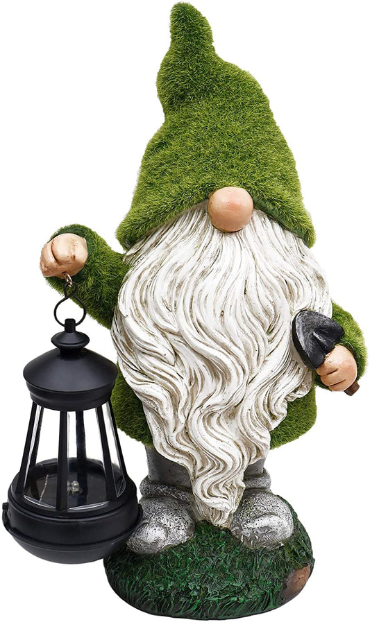 NEW Solar LED Flocked Garden Gnome Statue Outdoor 1117GN – Handcrafted Resin Lawn Decor - with | Sold by Uncle Wiener's Wholesale