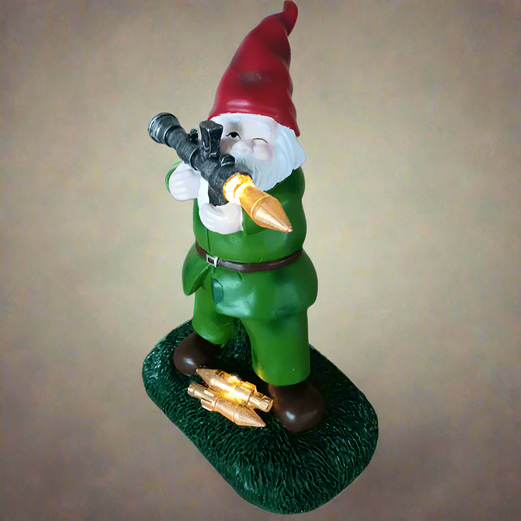 "Solar Military Garden Gnome with RPG for Outdoor Lawn Decor"

"Funny Solar Garden Gnome Statue with Weapon Design"

"Military Themed Solar Powered Garden Gnome Figurine"

"Hand-Painted Resin Gnome with RPG and Solar Light for Patio and Garden"

