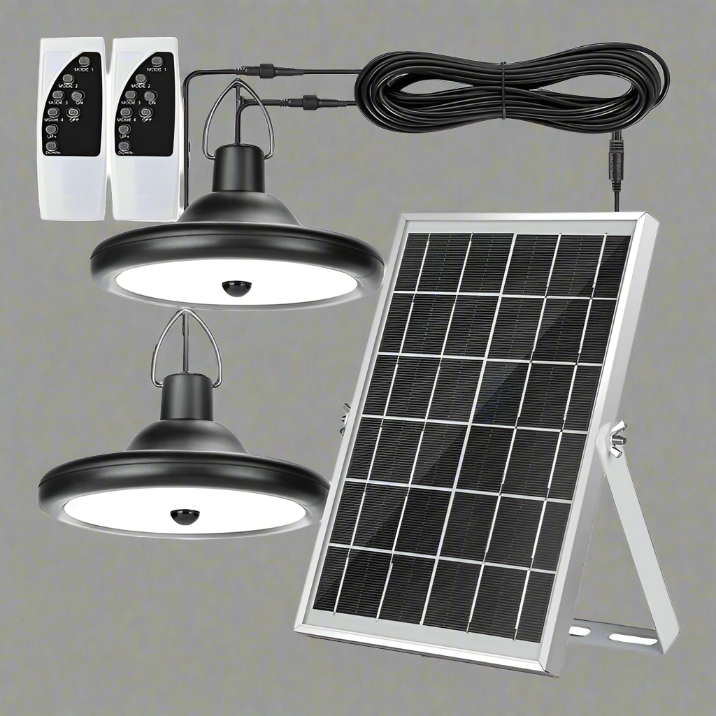 Wall Mount solar LED shed light with panel and cord switcha
High Bay solar motion light for off-grid garage lighting
Full kit for dual solar LED shed light set with remote
Motion-activated solar barn light with mounting hardware
Solar-powered dual head LED light for shed or workshop