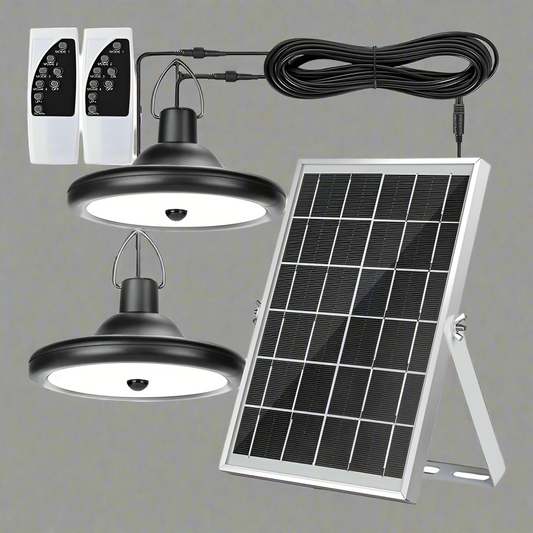 Wall Mount solar LED shed light with panel and cord switcha
High Bay solar motion light for off-grid garage lighting
Full kit for dual solar LED shed light set with remote
Motion-activated solar barn light with mounting hardware
Solar-powered dual head LED light for shed or workshop