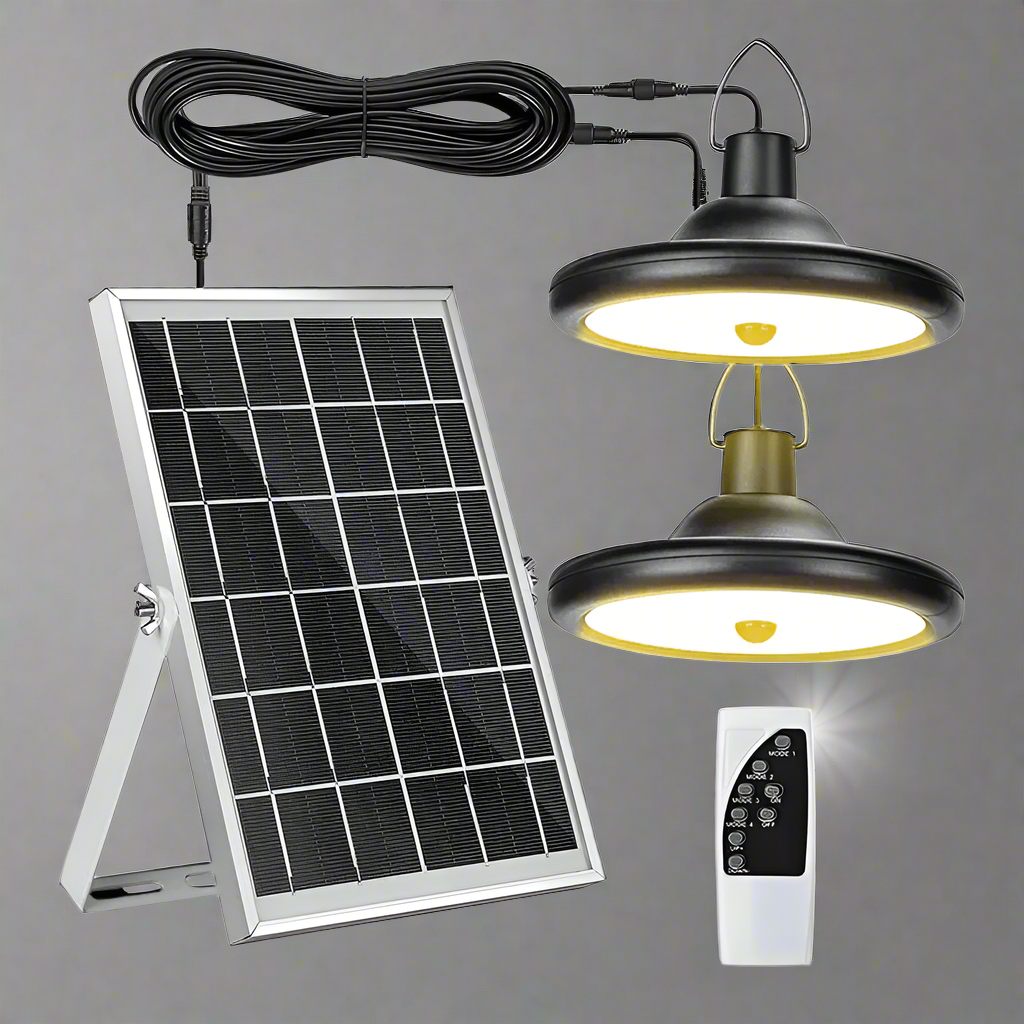 Wall Mount solar LED shed light with panel and cord switcha
High Bay solar motion light for off-grid garage lighting
Full kit for dual solar LED shed light set with remote
Motion-activated solar barn light with mounting hardware
Solar-powered dual head LED light for shed or workshop