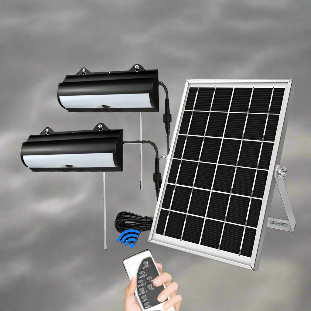 Wall Mount solar LED shed light with panel and cord switcha
High Bay solar motion light for off-grid garage lighting
Full kit for dual solar LED shed light set with remote
Motion-activated solar barn light with mounting hardware
Solar-powered dual head LED light for shed or workshop