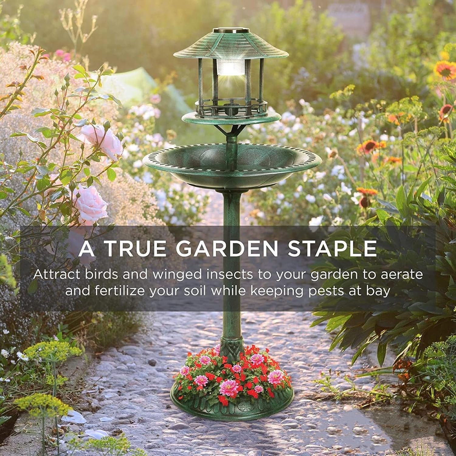 Solar-powered bird bath with flower planter base in the garden

Green freestanding resin birdbath with solar light

Dual-tier outdoor bird bath and planter combo

Eco-friendly garden birdbath with solar LED

Weather-resistant plastic resin solar bird bath S1260S