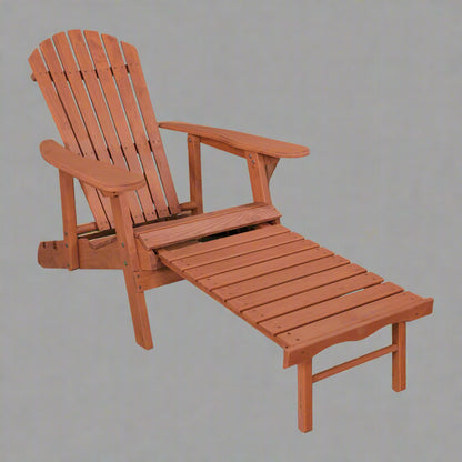 "Solid wood Adirondack chair with pull-out ottoman on patio"

"Medium brown reclining garden chair with adjustable backrest"

"Outdoor wooden lounge chair with ergonomic design"