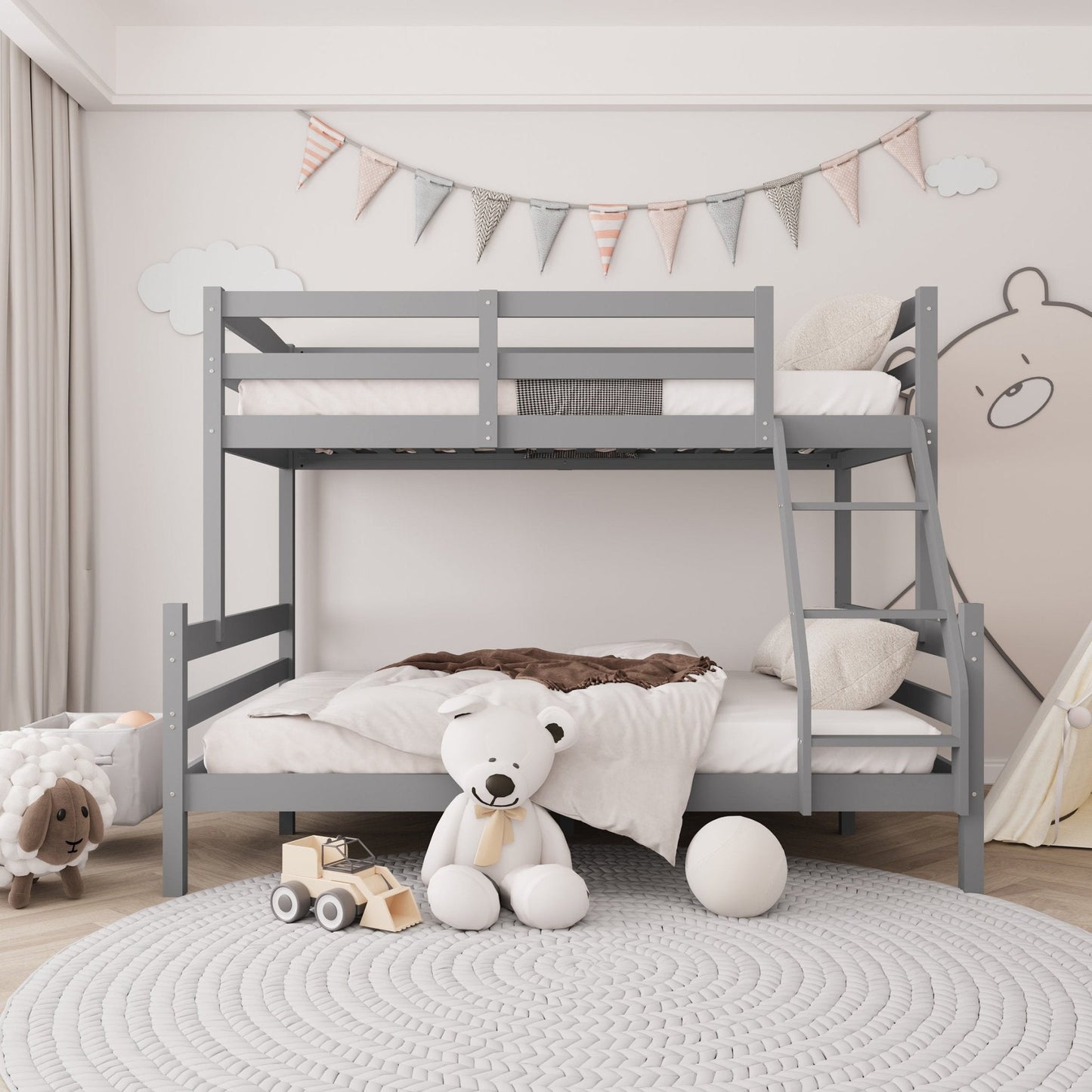 “Twin over full gray and white pine wood bunk bed”
“Modern kids bunk bed with solid wood frame”
“Space-saving bunk bed for children in gray white finish”